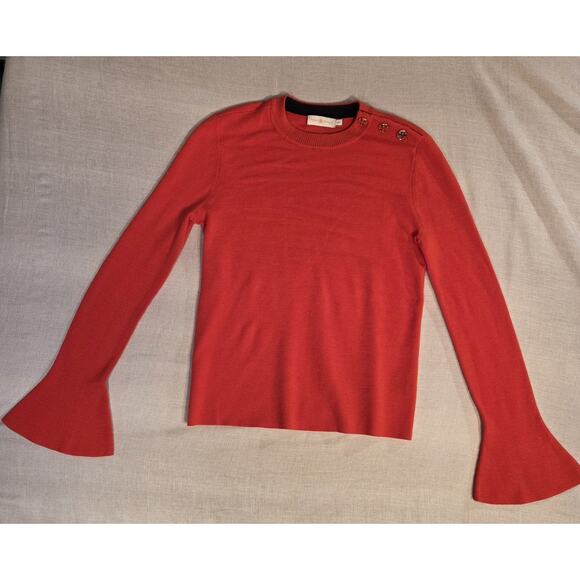 Tory Burch 100% Merino Wool Jewel Button Red Sweater Bell Sleeve Women's M - Picture 10 of 11